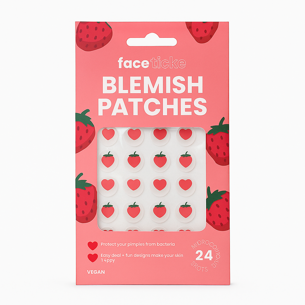FaceTickle Strawberry Blemish Patches – Vegan Hydrocolloid Spot Stickers for Clear Skin